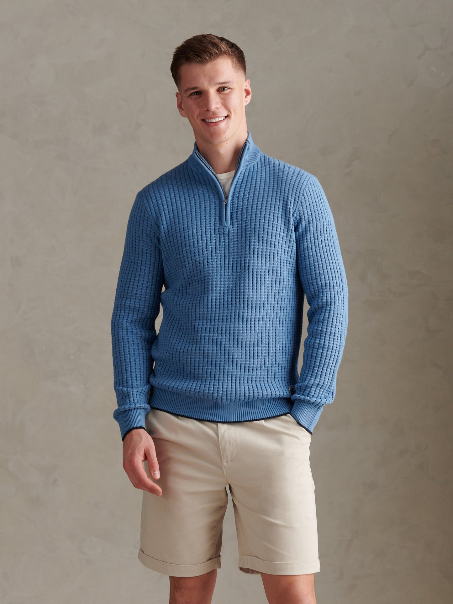 Mens Open Knit Quarter Zip Funnel Jumper Riviera