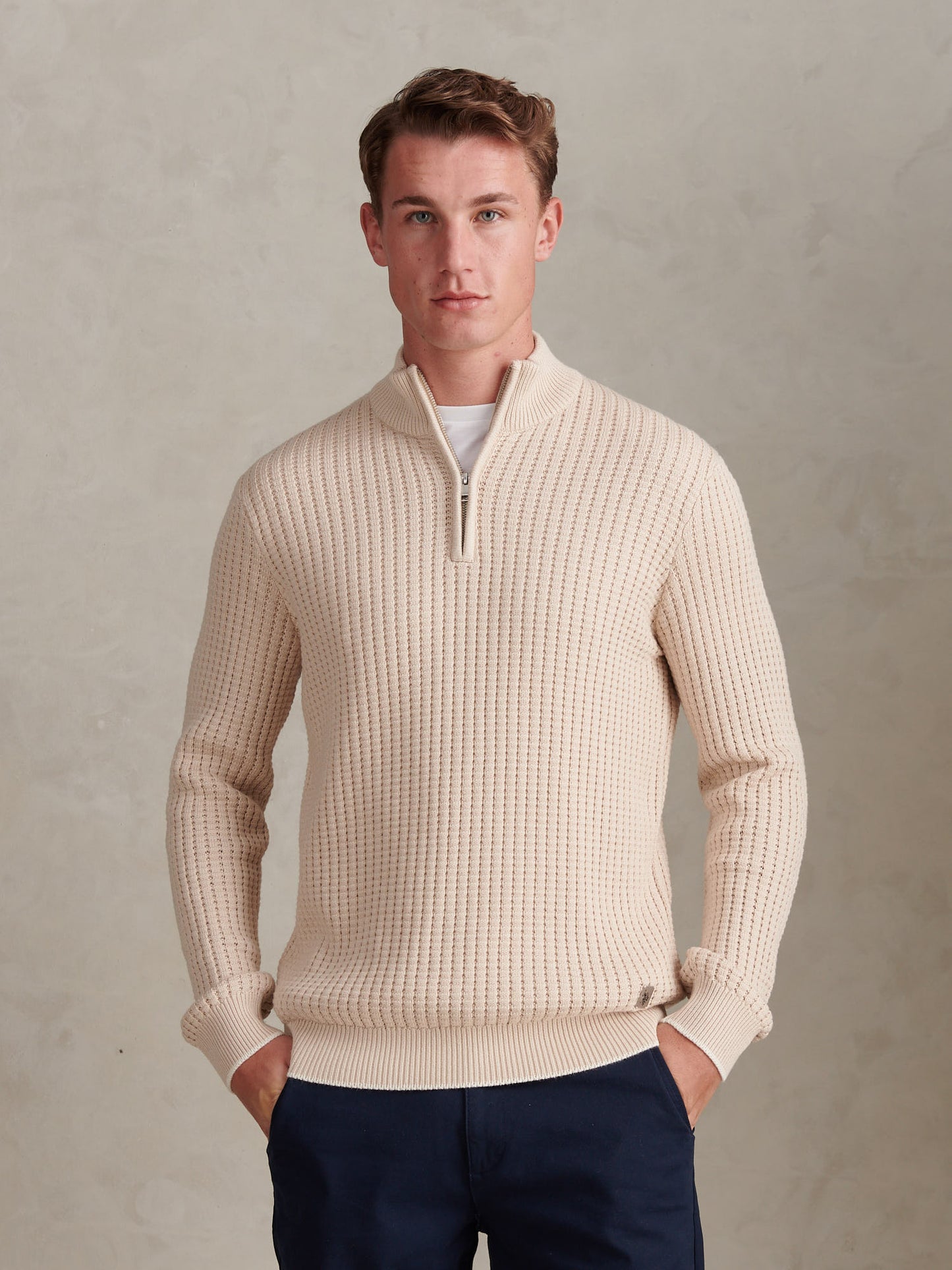Mens Open Knit Quarter Zip Funnel Jumper Beige
