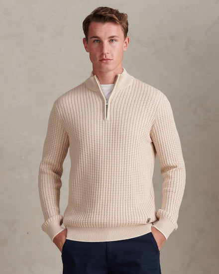Mens Open Knit Quarter Zip Funnel Jumper Beige