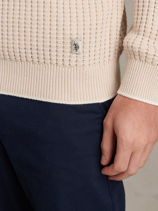 Mens Open Knit Quarter Zip Funnel Jumper Beige