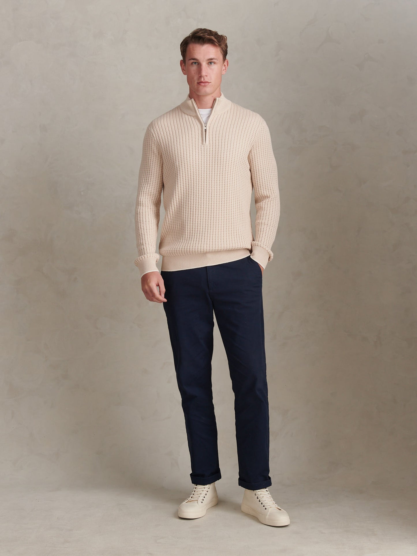 Mens Open Knit Quarter Zip Funnel Jumper Beige