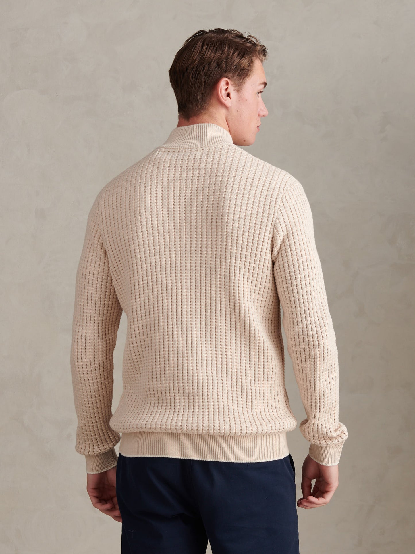 Mens Open Knit Quarter Zip Funnel Jumper Beige