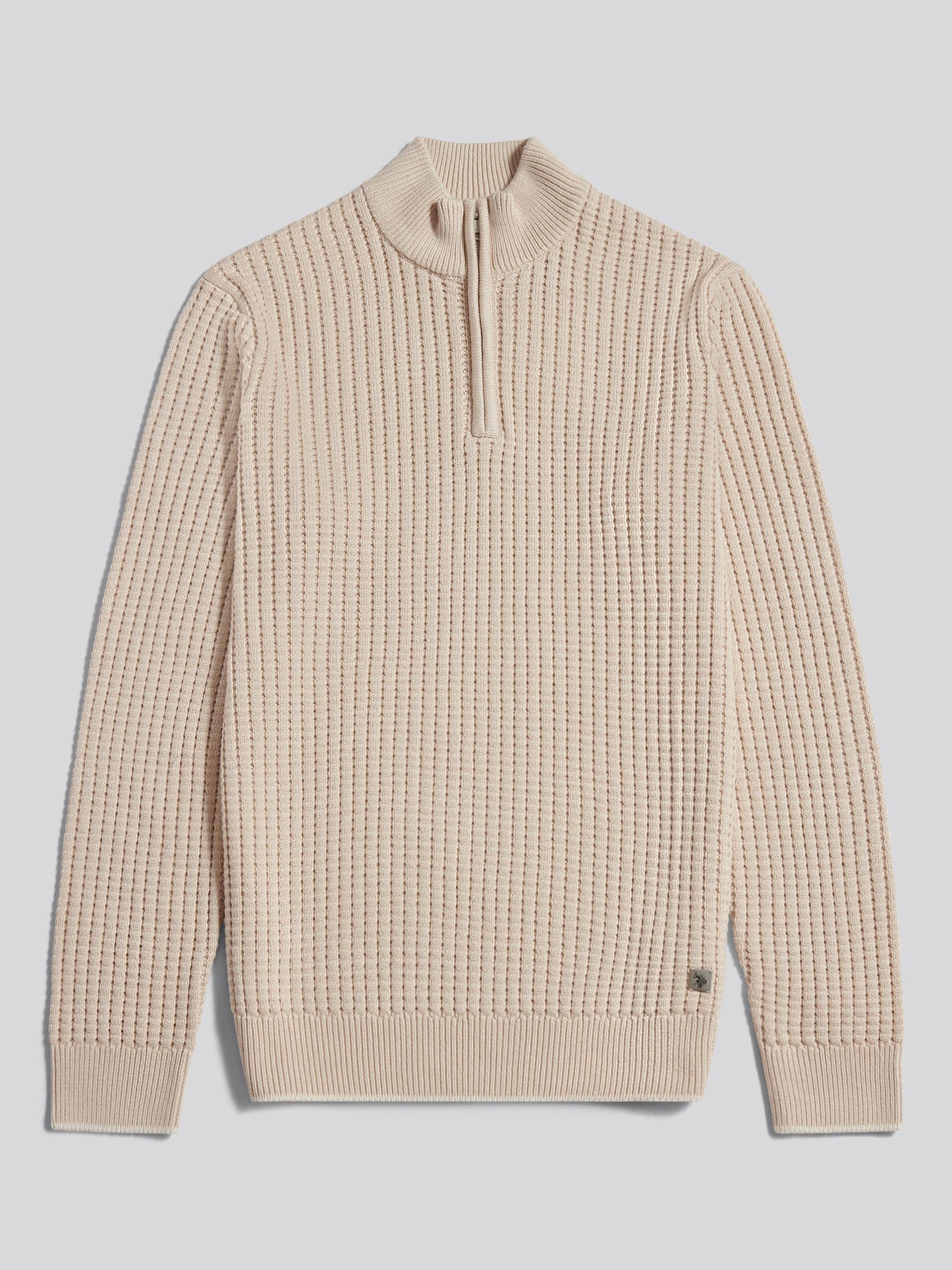Mens Open Knit Quarter Zip Funnel Jumper Beige