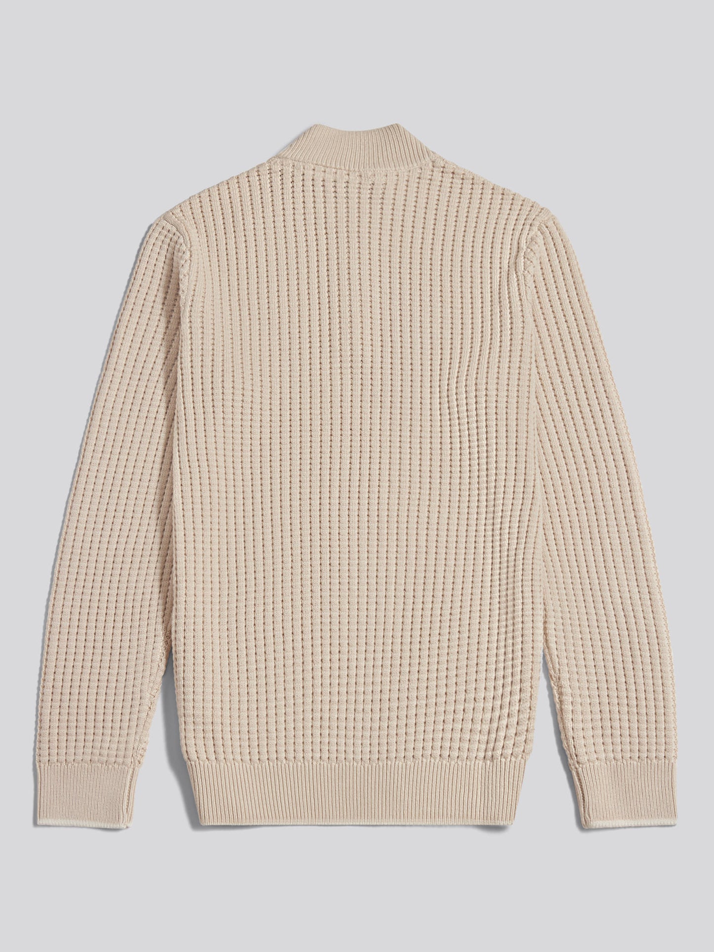 Mens Open Knit Quarter Zip Funnel Jumper Beige