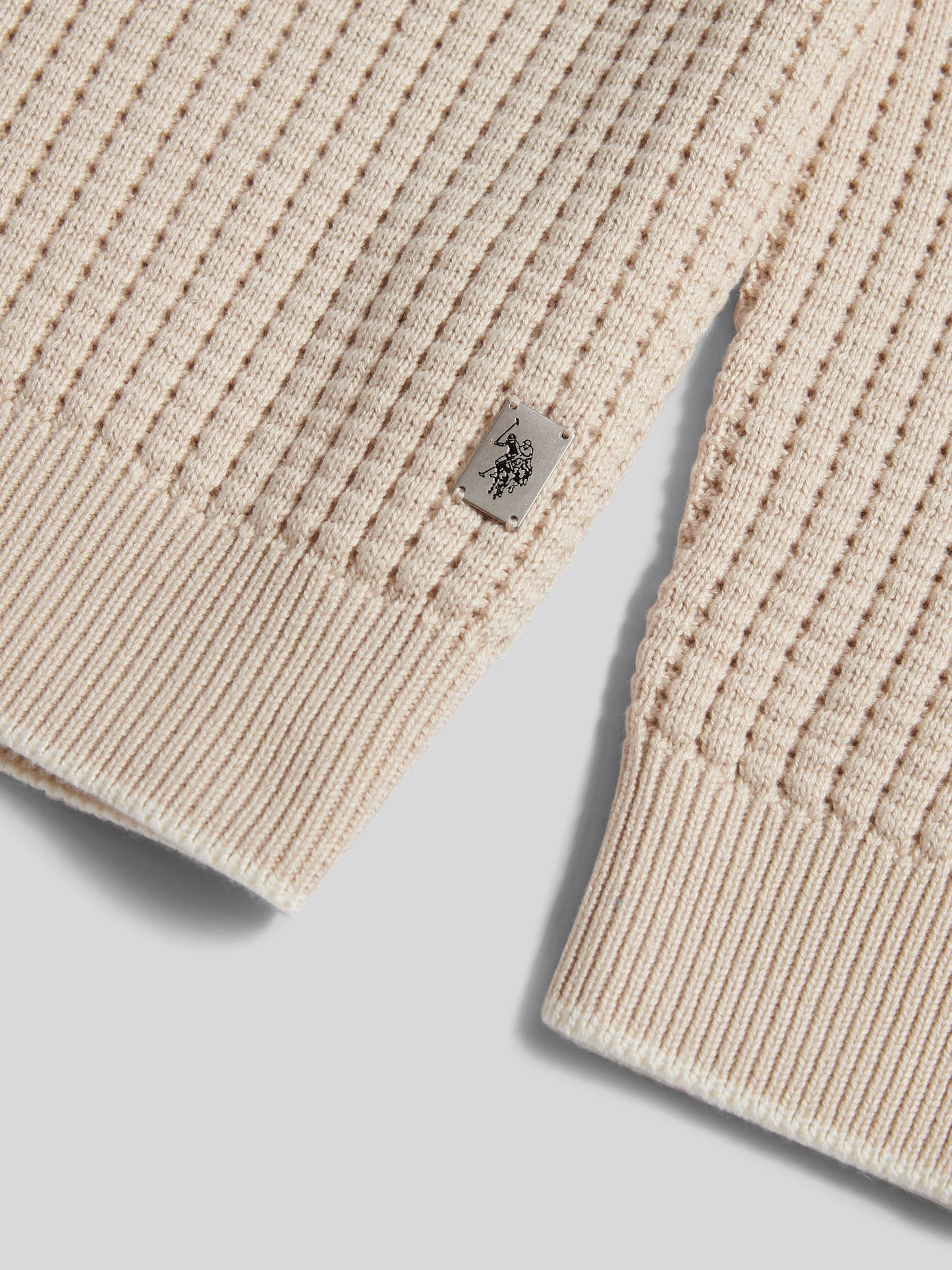 Mens Open Knit Quarter Zip Funnel Jumper Beige