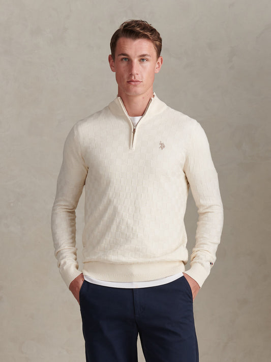 Mens Large Check Knit Quarter Zip Funnel Jumper Whisper White