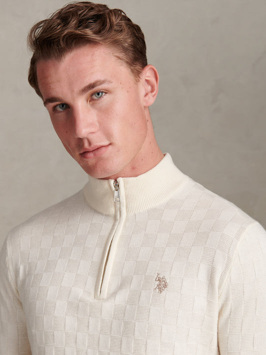 Mens Large Check Knit Quarter Zip Funnel Jumper Whisper White