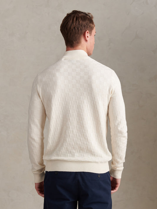 Mens Large Check Knit Quarter Zip Funnel Jumper Whisper White