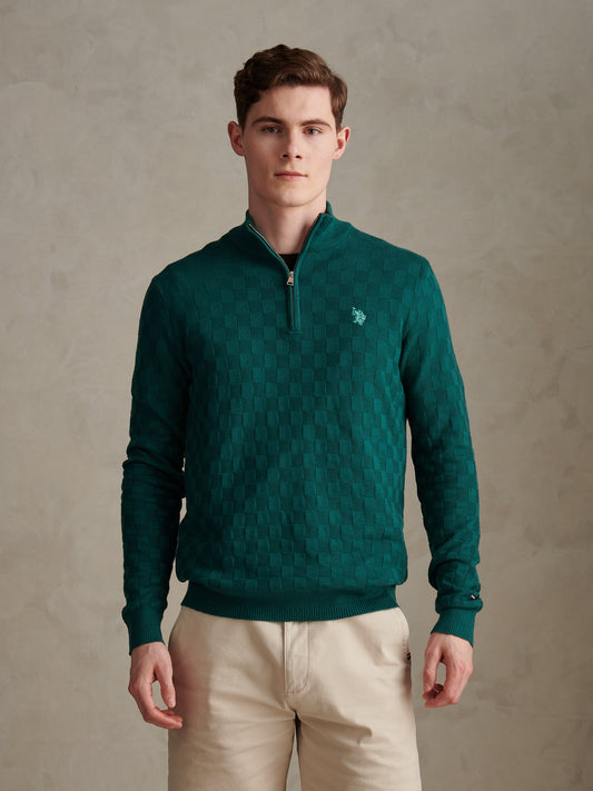 Mens Large Check Knit Quarter Zip Funnel Jumper Mediterranea