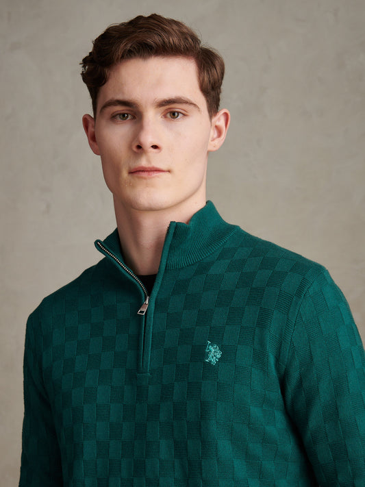 Mens Large Check Knit Quarter Zip Funnel Jumper Mediterranea