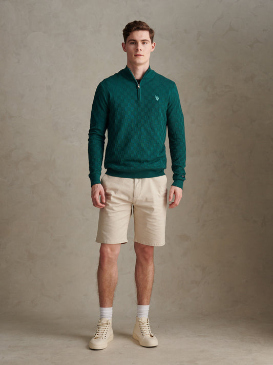 Mens Large Check Knit Quarter Zip Funnel Jumper Mediterranea