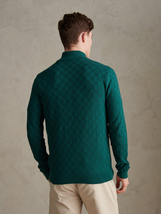 Mens Large Check Knit Quarter Zip Funnel Jumper Mediterranea