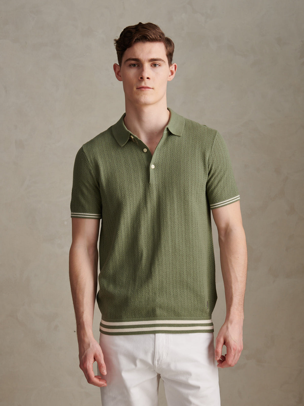 Mens Tipped Open Knit Polo Shirt Sea Spray