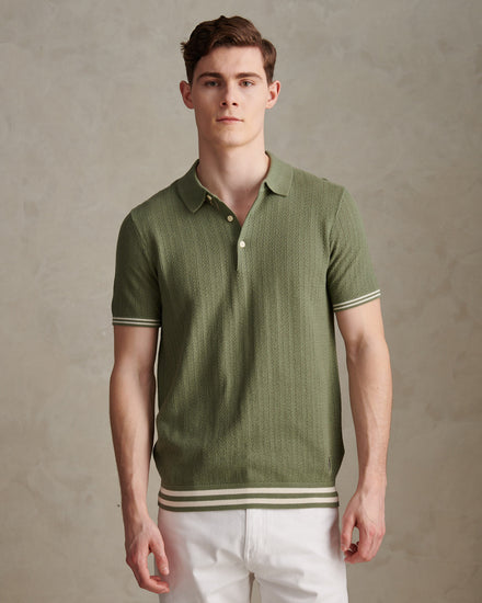 Mens Tipped Open Knit Polo Shirt Sea Spray