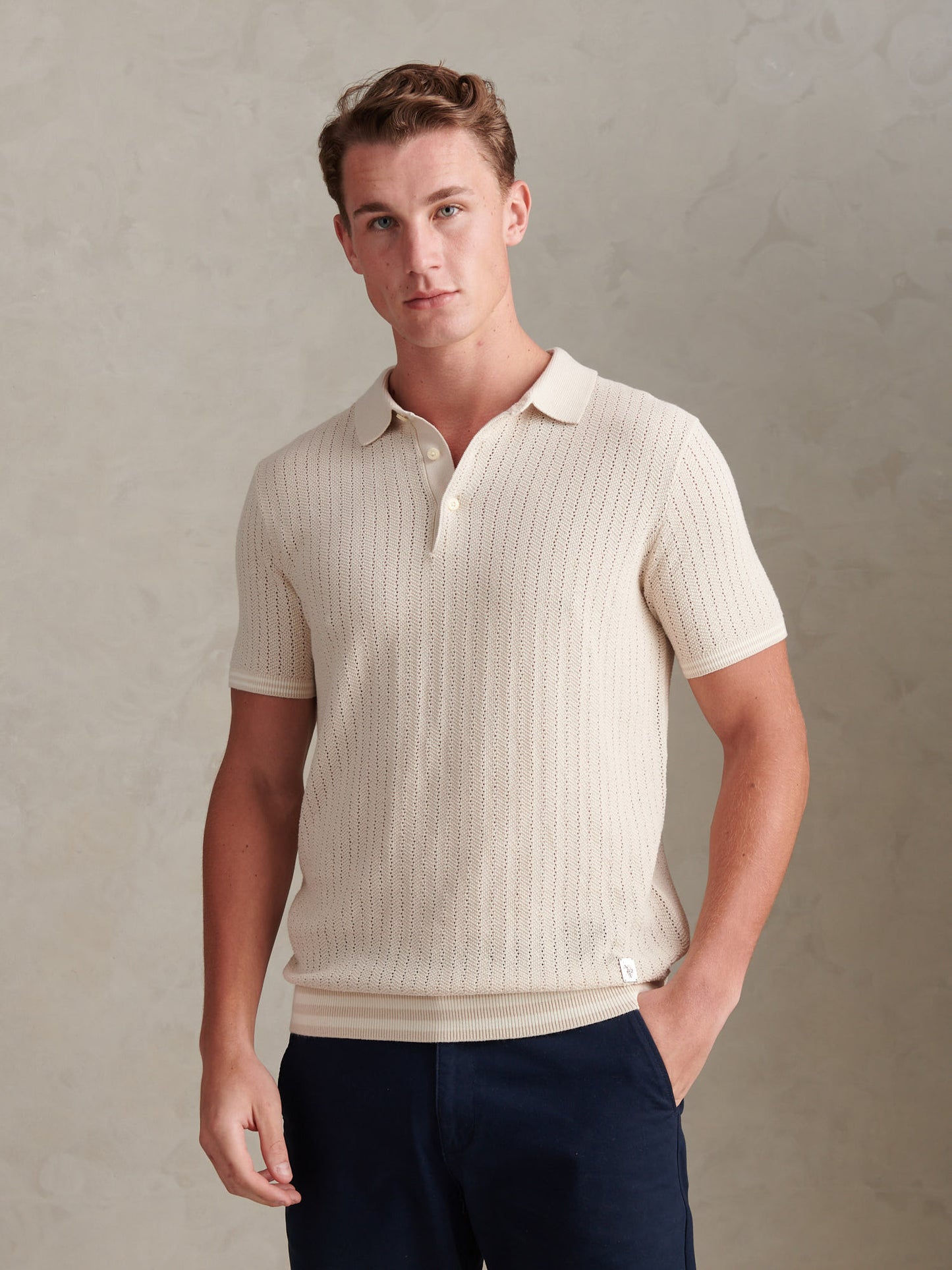 Mens Tipped Open Knit Polo Shirt Beige