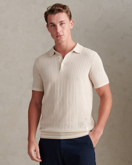 Mens Tipped Open Knit Polo Shirt Beige