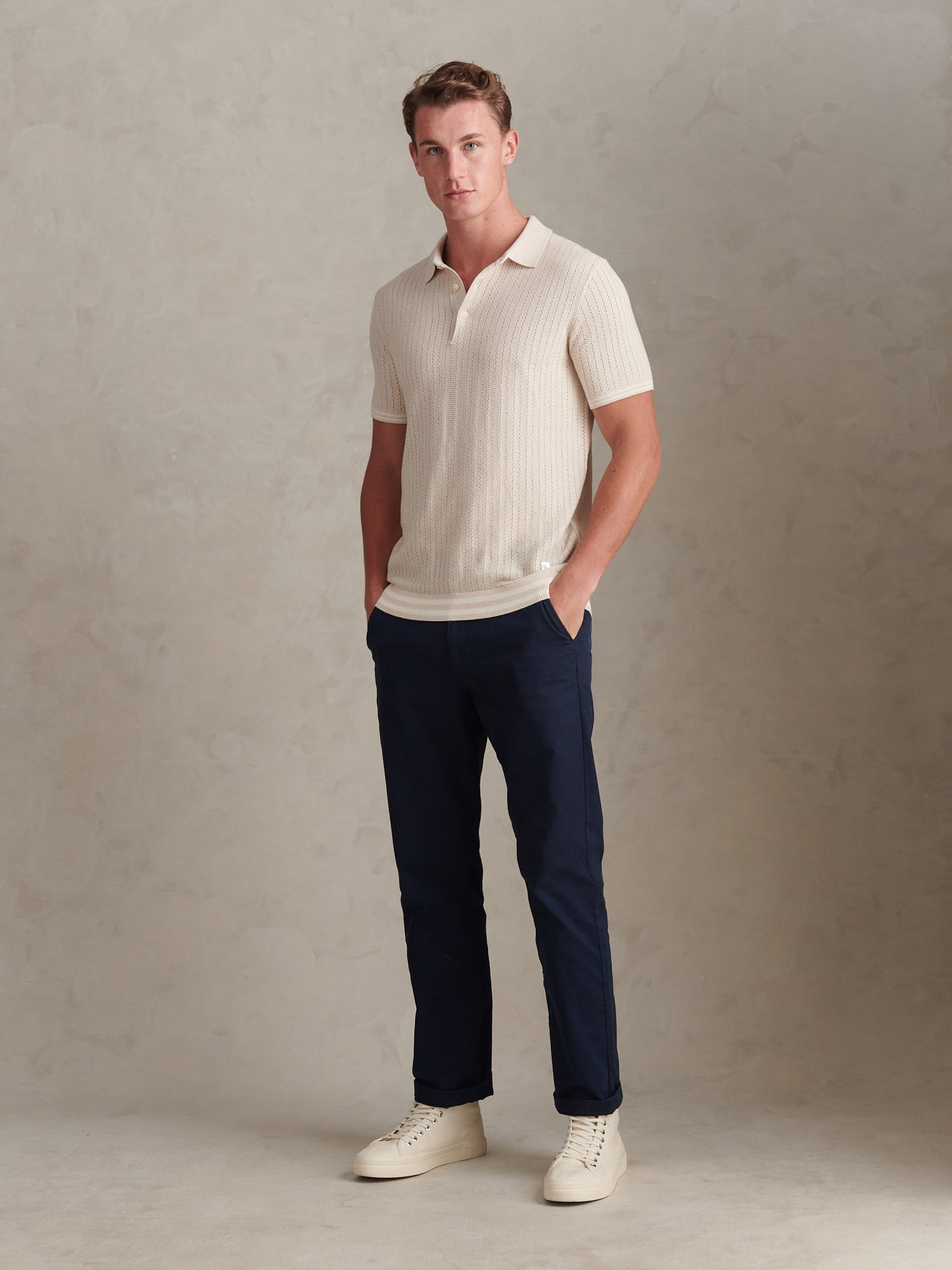 Mens Tipped Open Knit Polo Shirt Beige