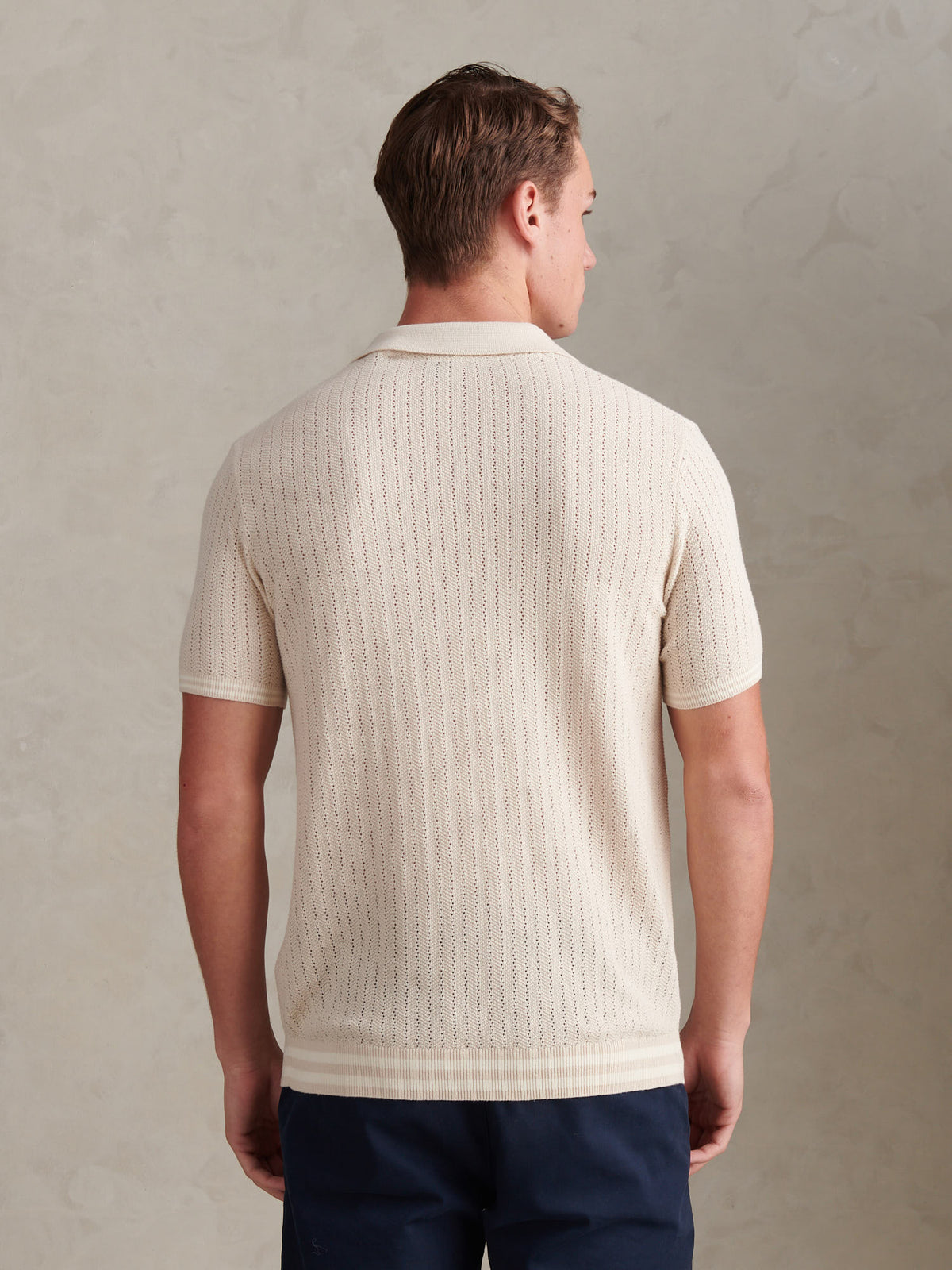 Mens Tipped Open Knit Polo Shirt Beige