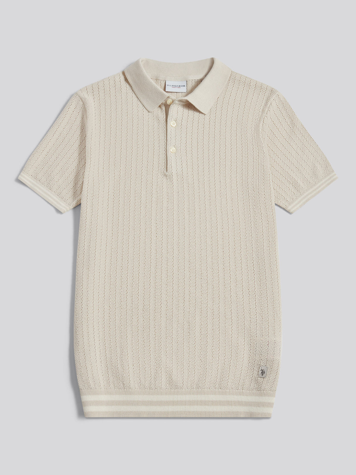 Mens Tipped Open Knit Polo Shirt Beige