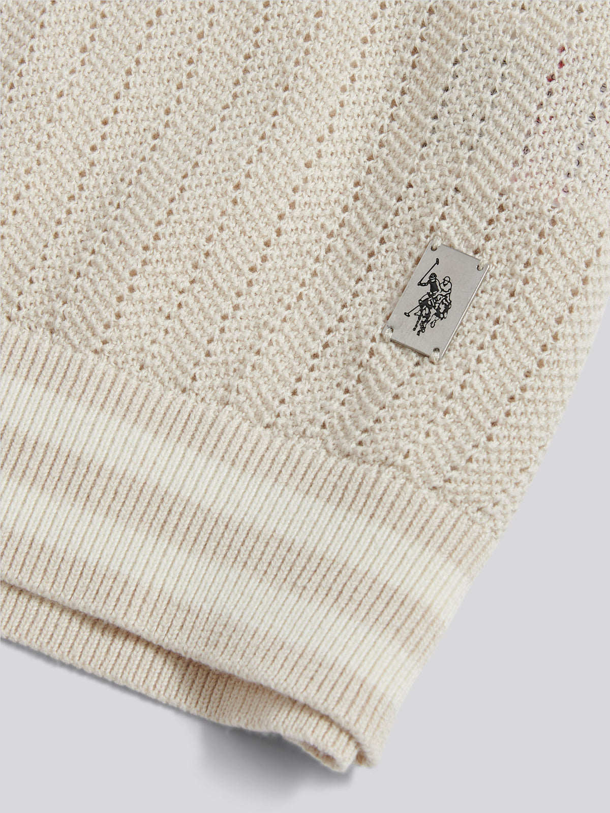 Mens Tipped Open Knit Polo Shirt Beige