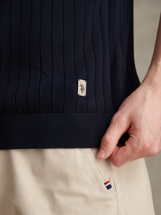 Mens Smart Textured Knit Quarter Zip Polo Shirt Dark Sapphire Navy