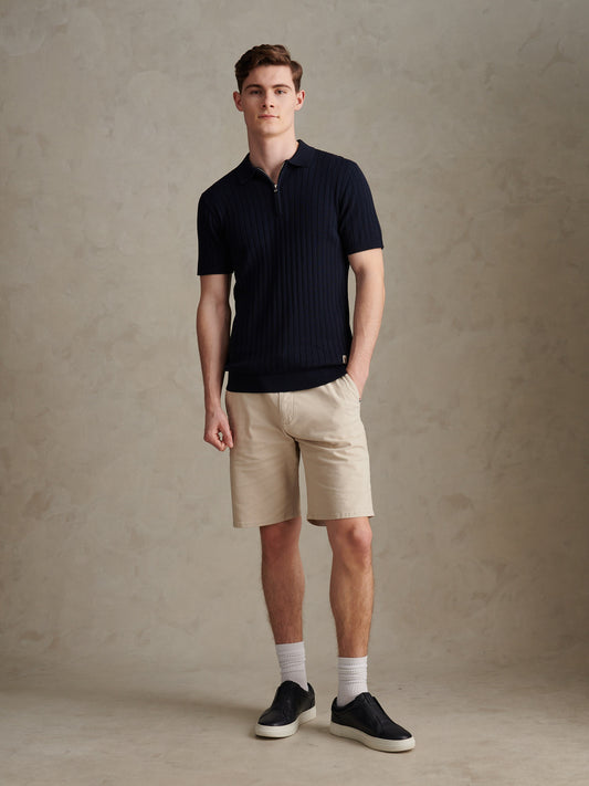 Mens Smart Textured Knit Quarter Zip Polo Shirt Dark Sapphire Navy