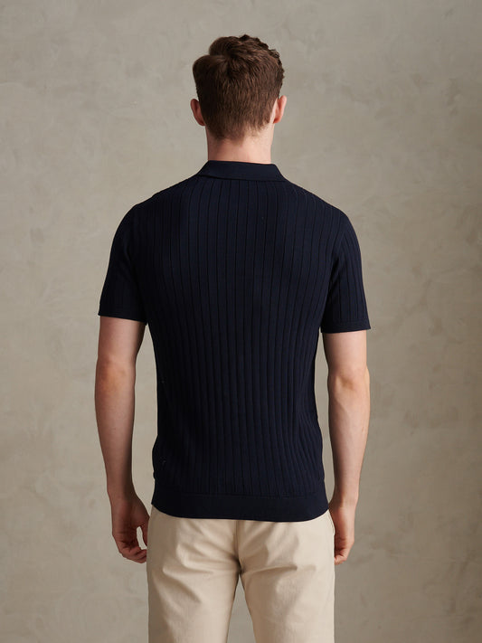 Mens Smart Textured Knit Quarter Zip Polo Shirt Dark Sapphire Navy