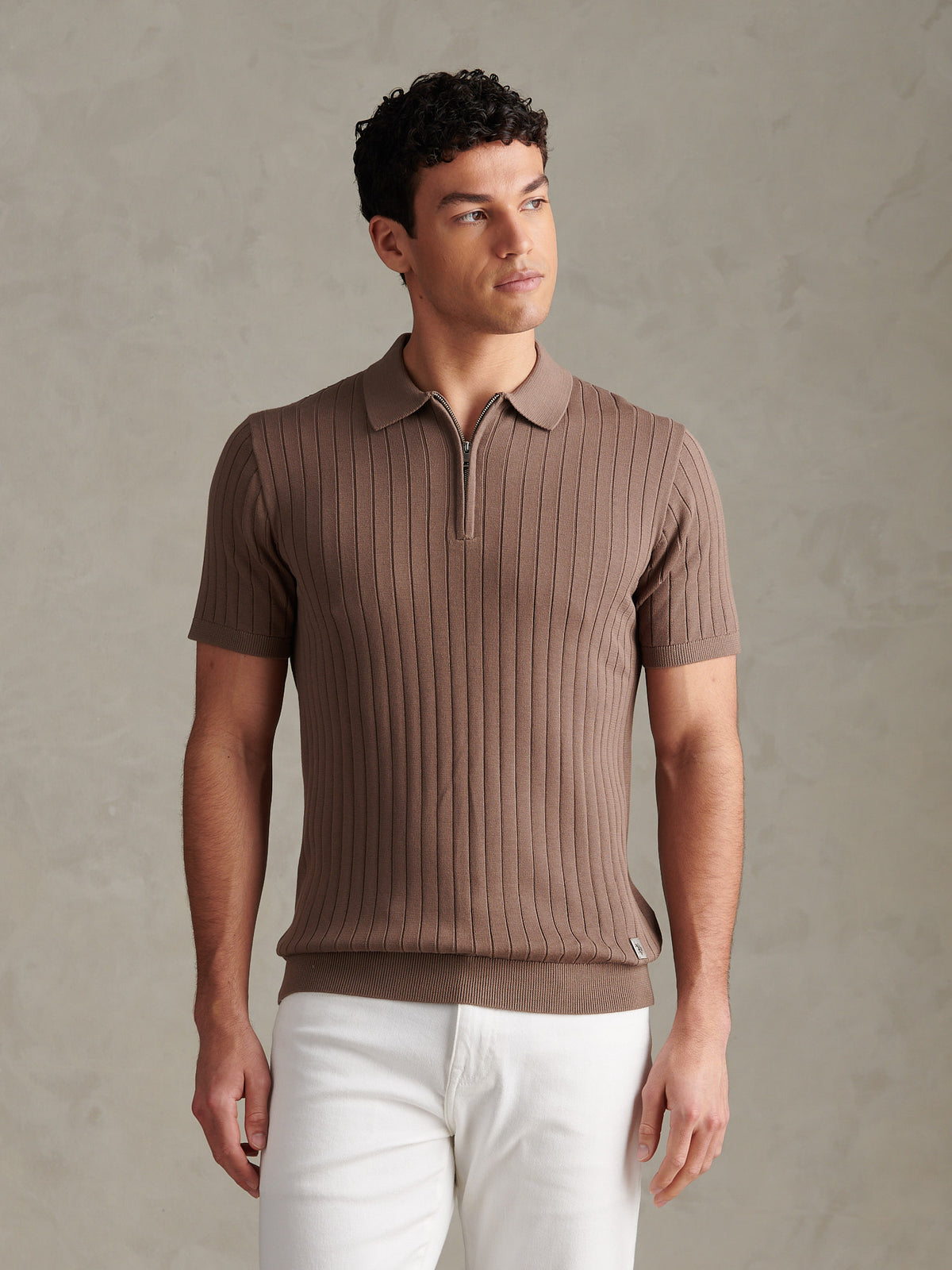 Mens Smart Textured Knit Quarter Zip Polo Shirt Walnut