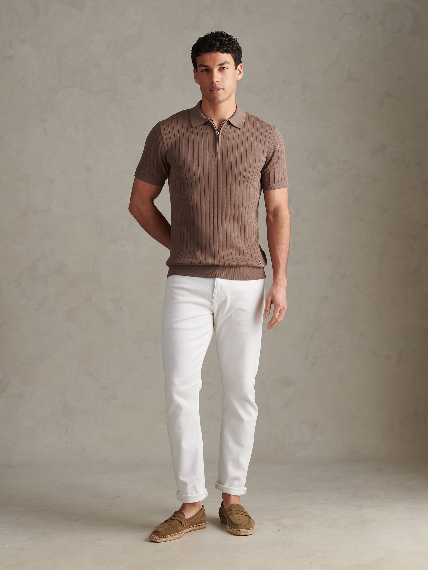 Mens Smart Textured Knit Quarter Zip Polo Shirt Walnut