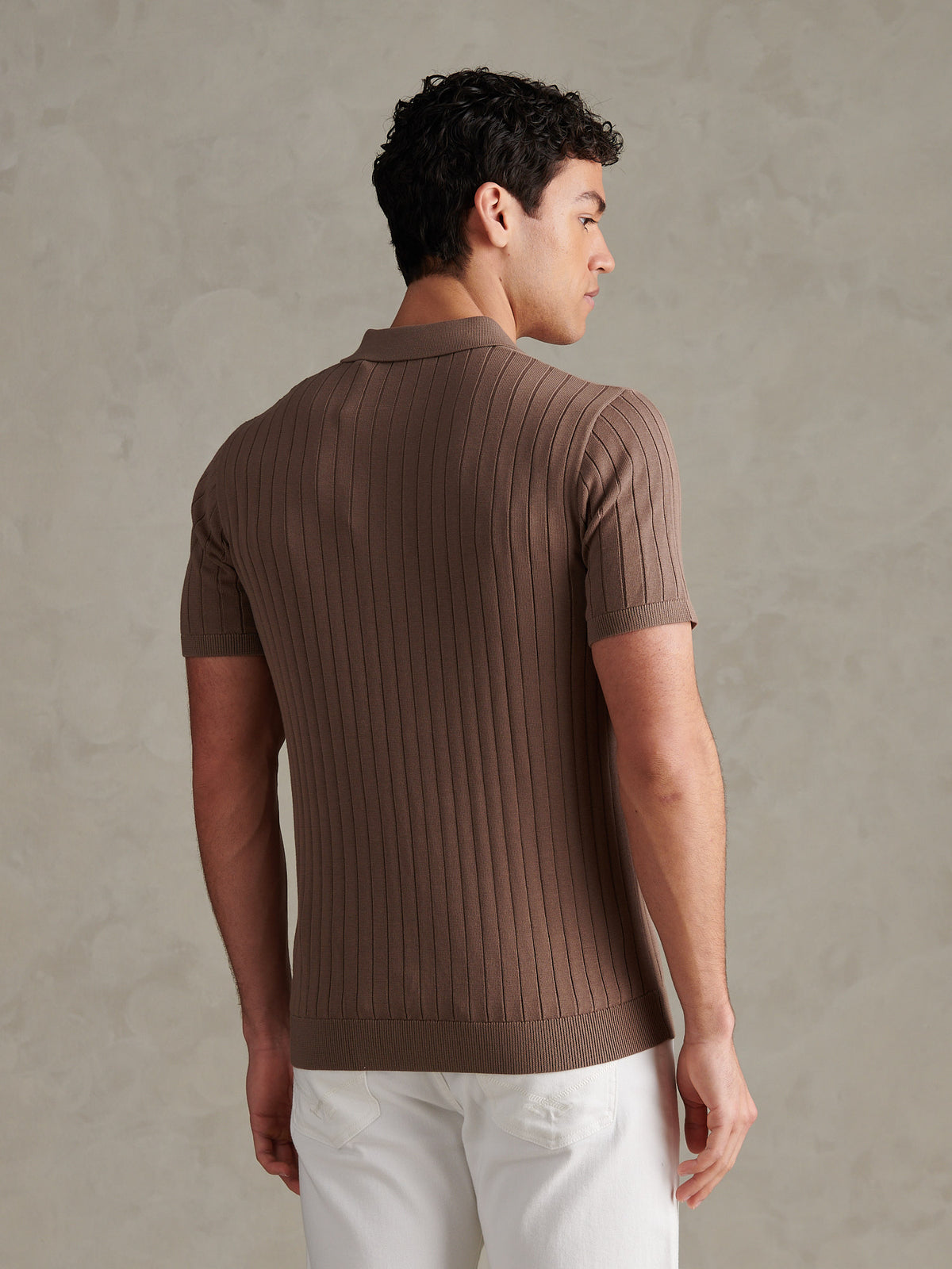Mens Smart Textured Knit Quarter Zip Polo Shirt Walnut