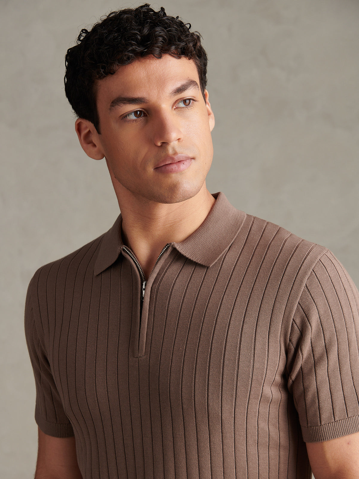 Mens Smart Textured Knit Quarter Zip Polo Shirt Walnut