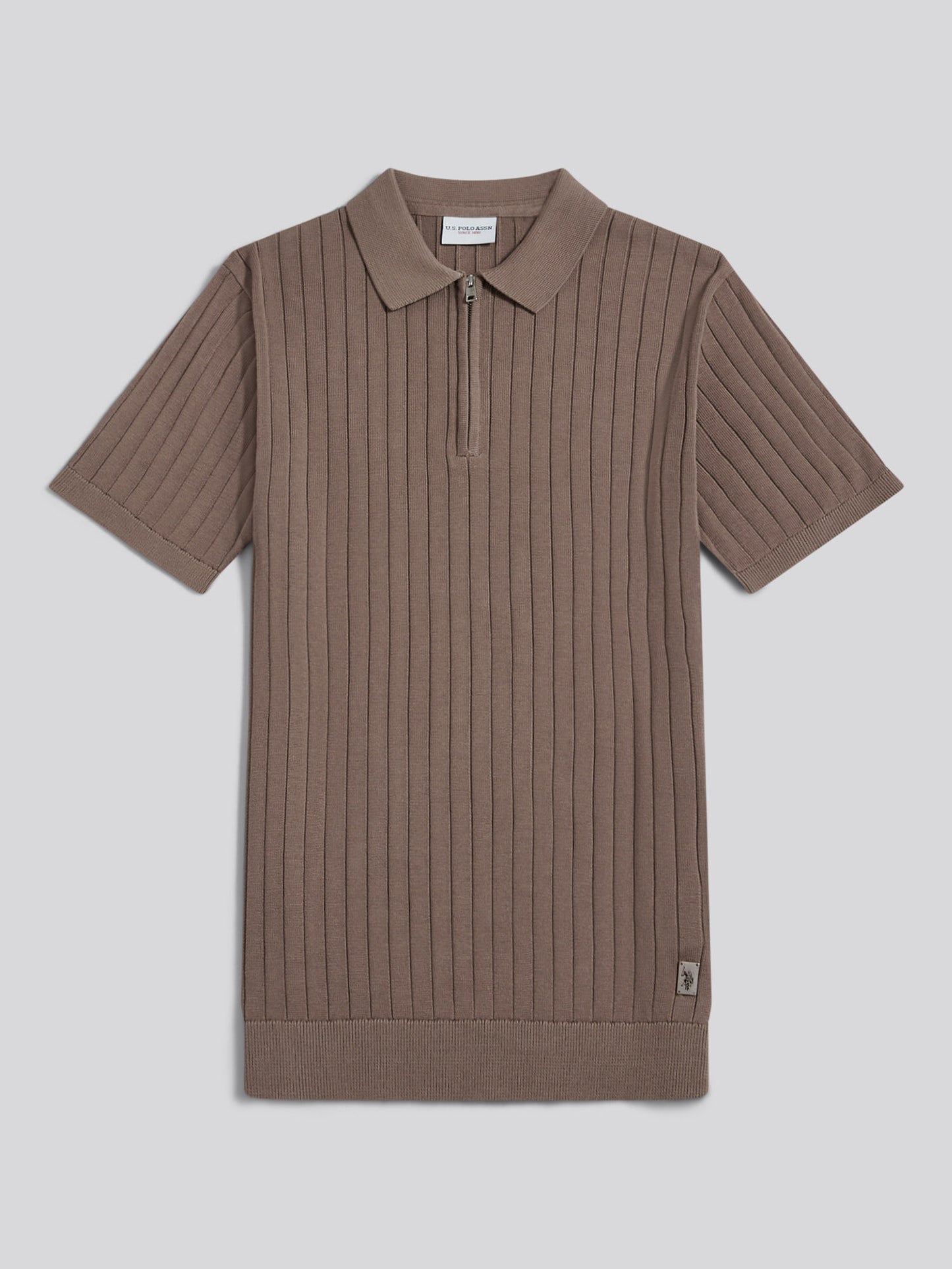 Mens Smart Textured Knit Quarter Zip Polo Shirt Walnut