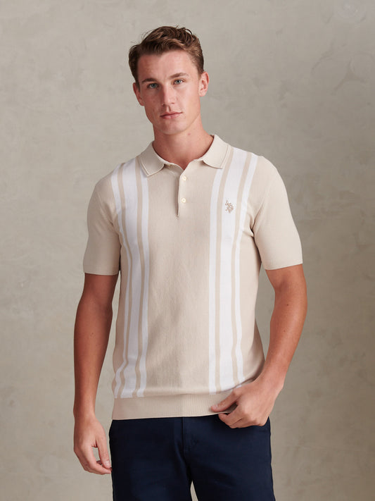 Mens Tonal Vertical Stripe Knit Polo Shirt Beige