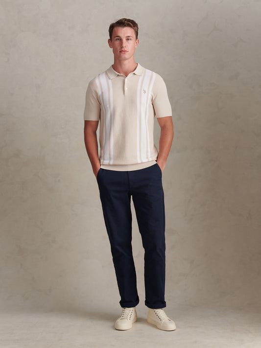 Mens Tonal Vertical Stripe Knit Polo Shirt Beige