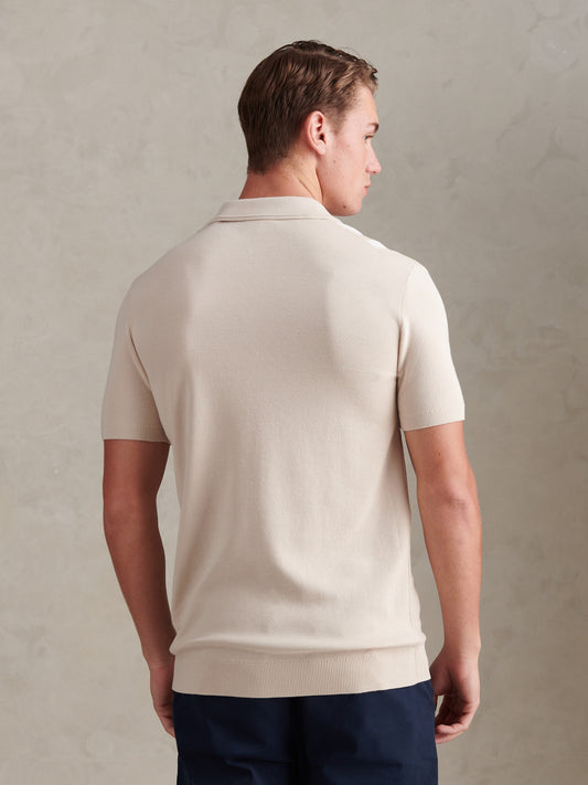 Mens Tonal Vertical Stripe Knit Polo Shirt Beige