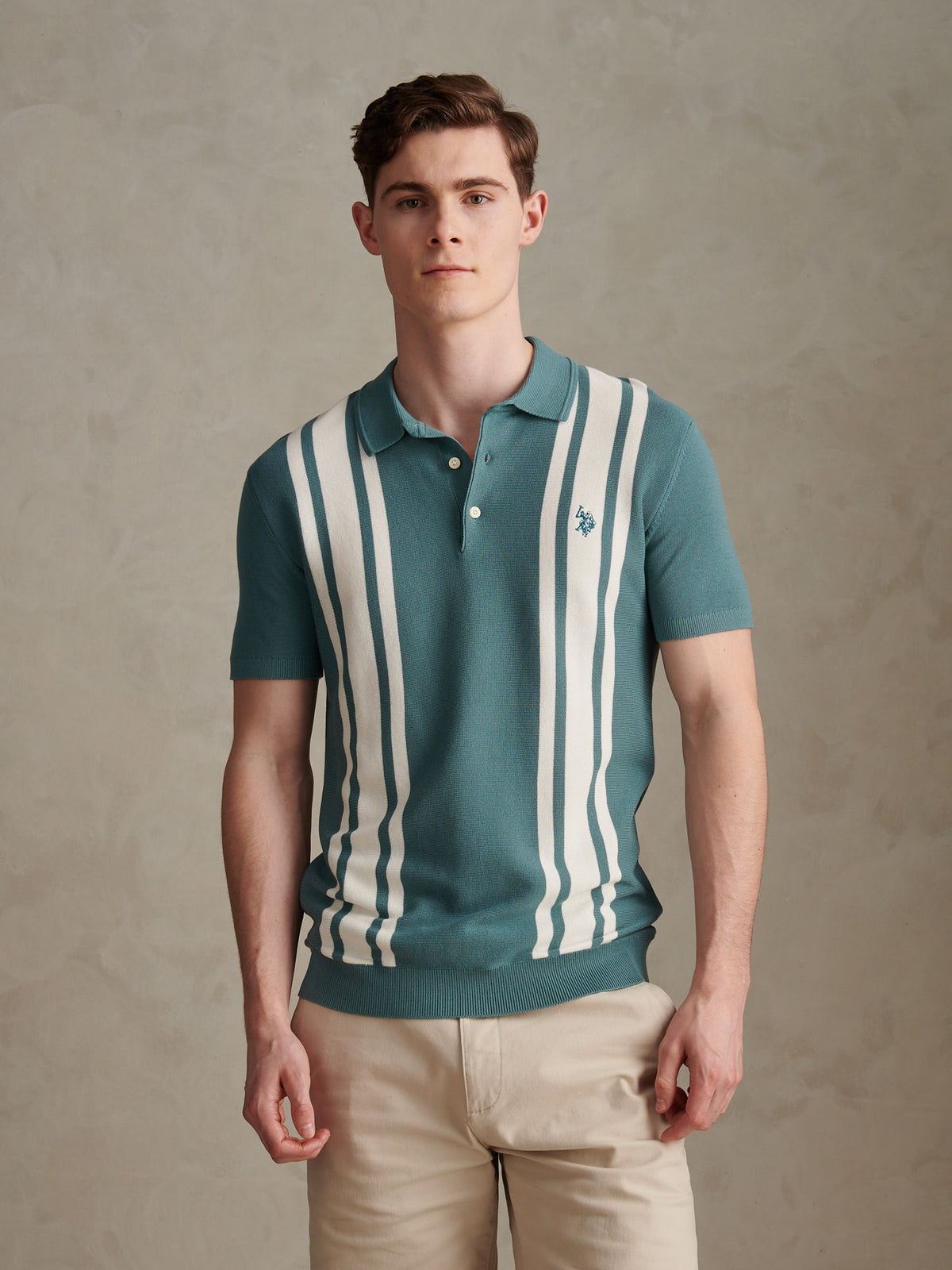 Mens Tonal Vertical Stripe Knit Polo Shirt Arctic