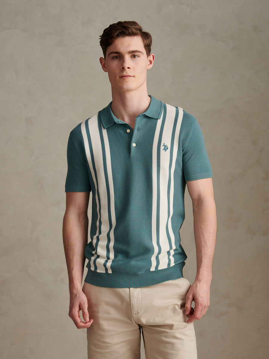 Mens Tonal Vertical Stripe Knit Polo Shirt Arctic