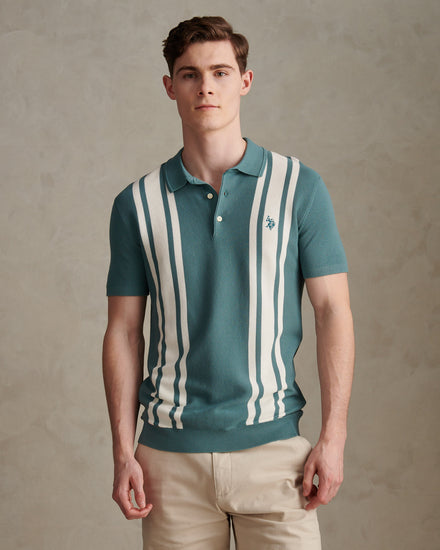 Mens Tonal Vertical Stripe Knit Polo Shirt Arctic