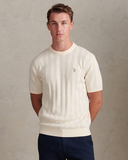 Mens Vertical Texture Knit T-Shirt Whisper White