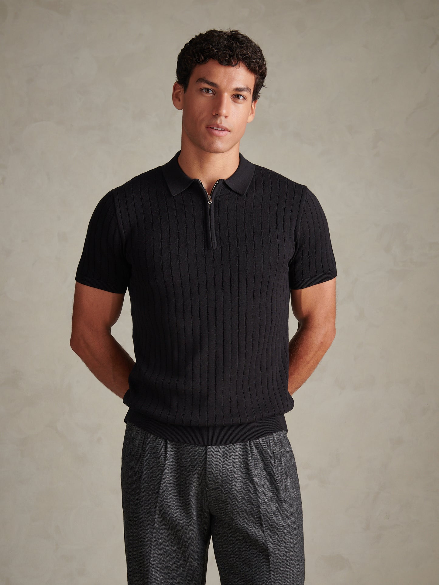 Mens Zip Knit Short Sleeve Polo Shirt Black