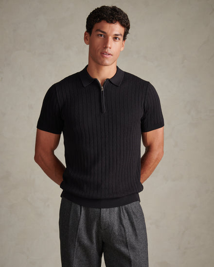 Mens Zip Knit Short Sleeve Polo Shirt Black