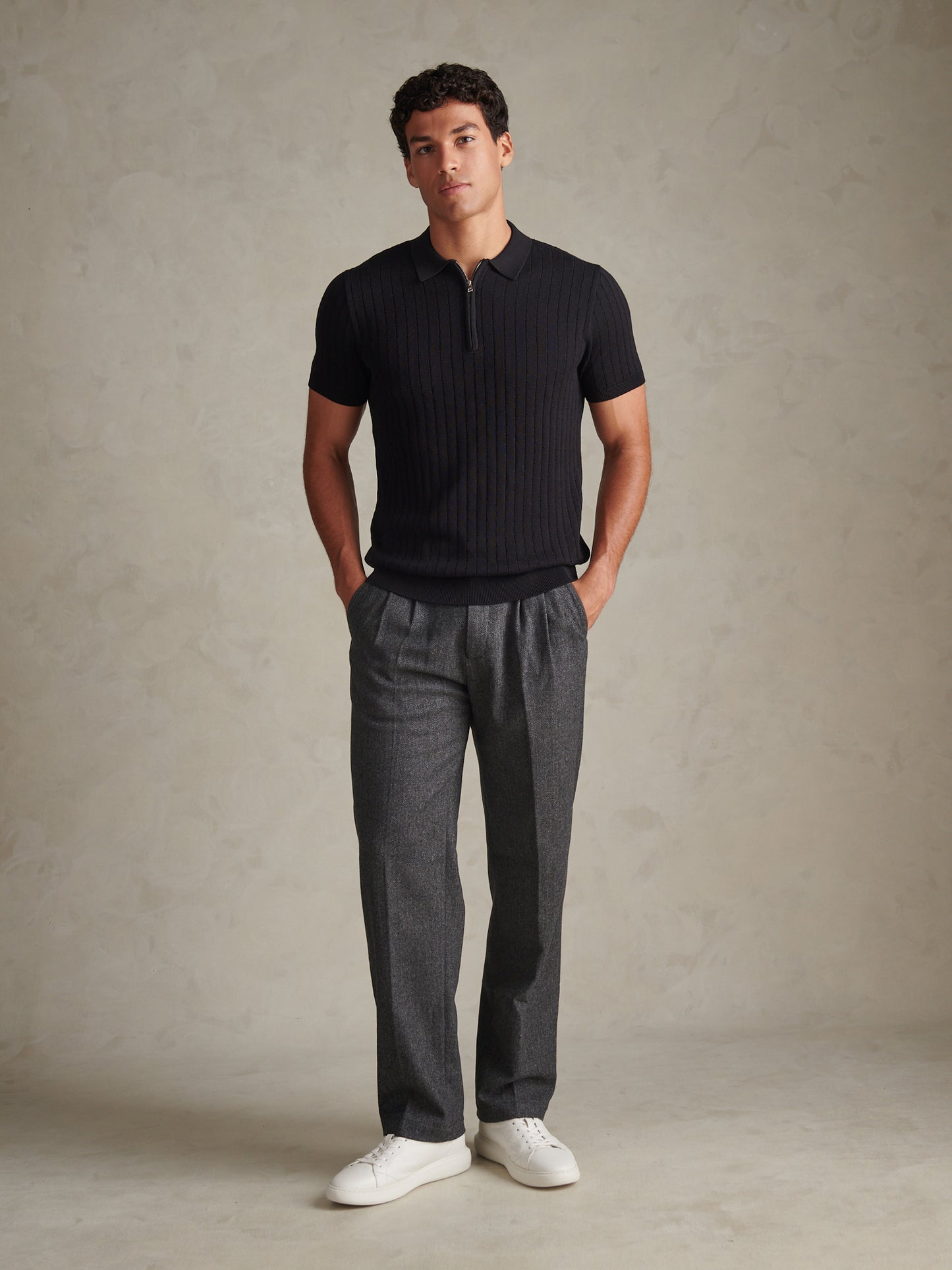 Mens Zip Knit Short Sleeve Polo Shirt Black