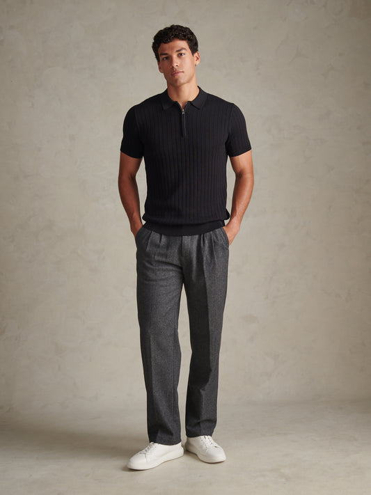 Mens Zip Knit Short Sleeve Polo Shirt Black
