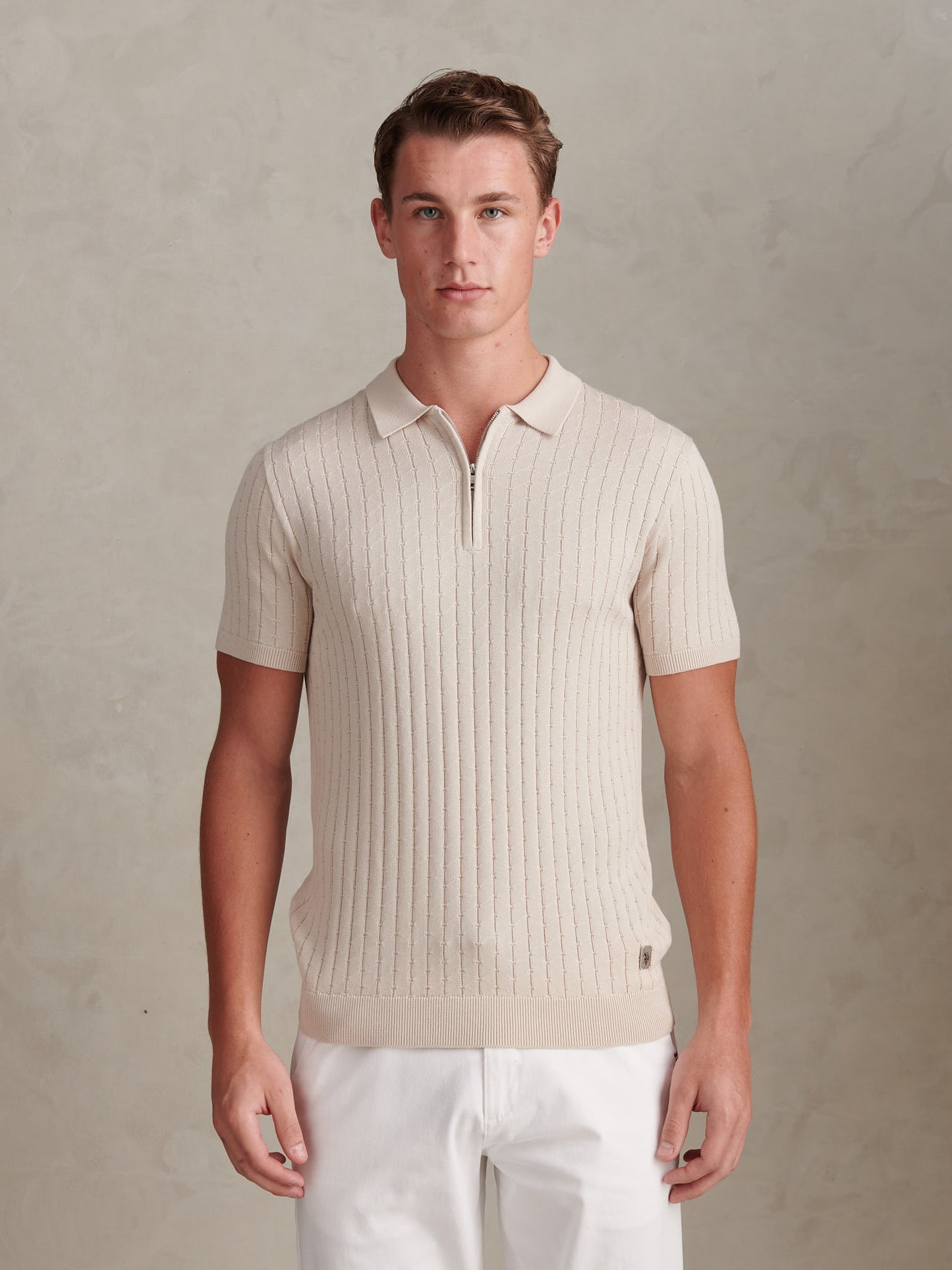 Mens Zip Knit Short Sleeve Polo Shirt Beige