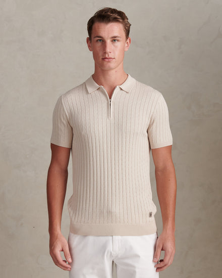 Mens Zip Knit Short Sleeve Polo Shirt Beige