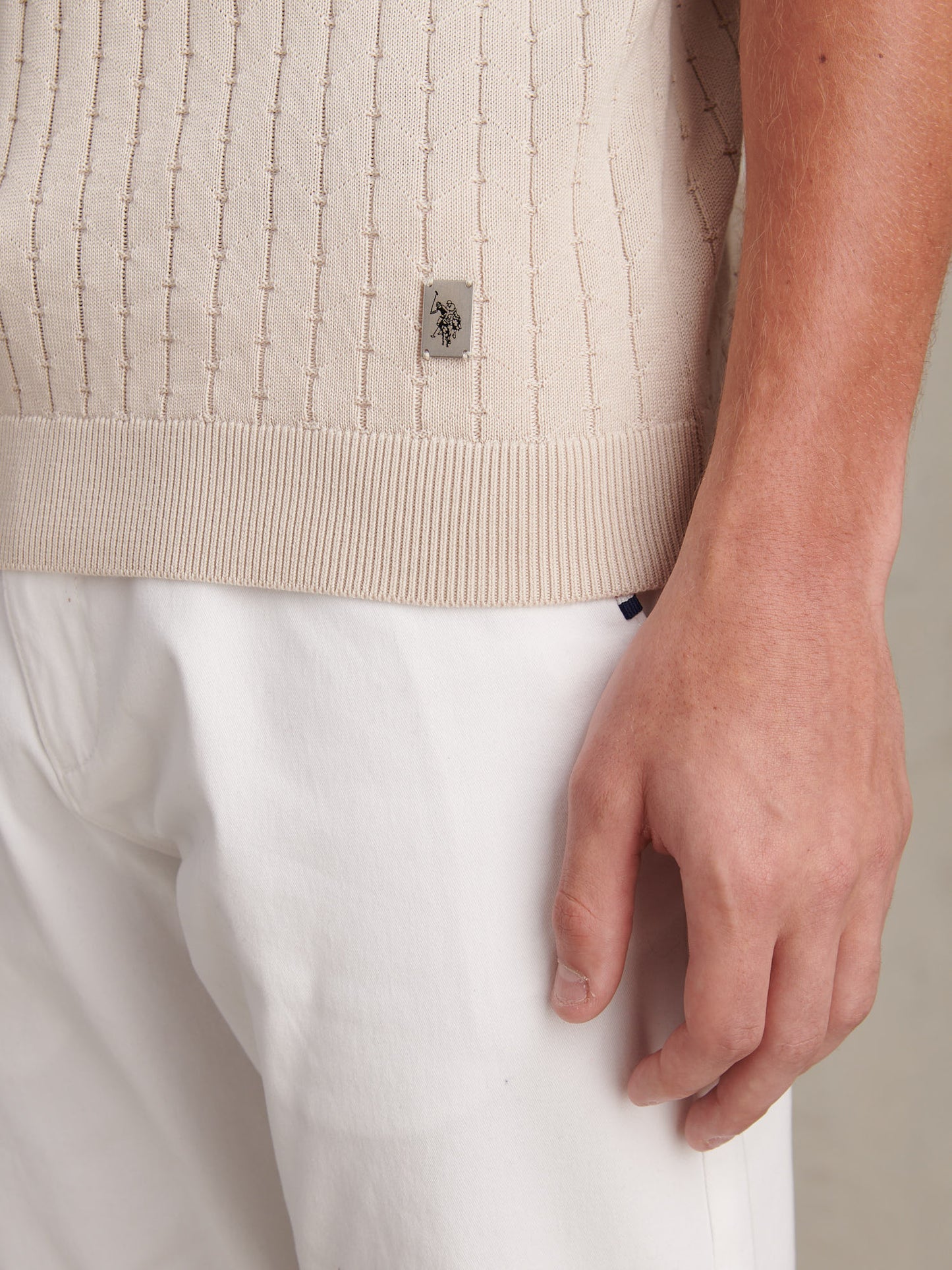 Mens Zip Knit Short Sleeve Polo Shirt Beige