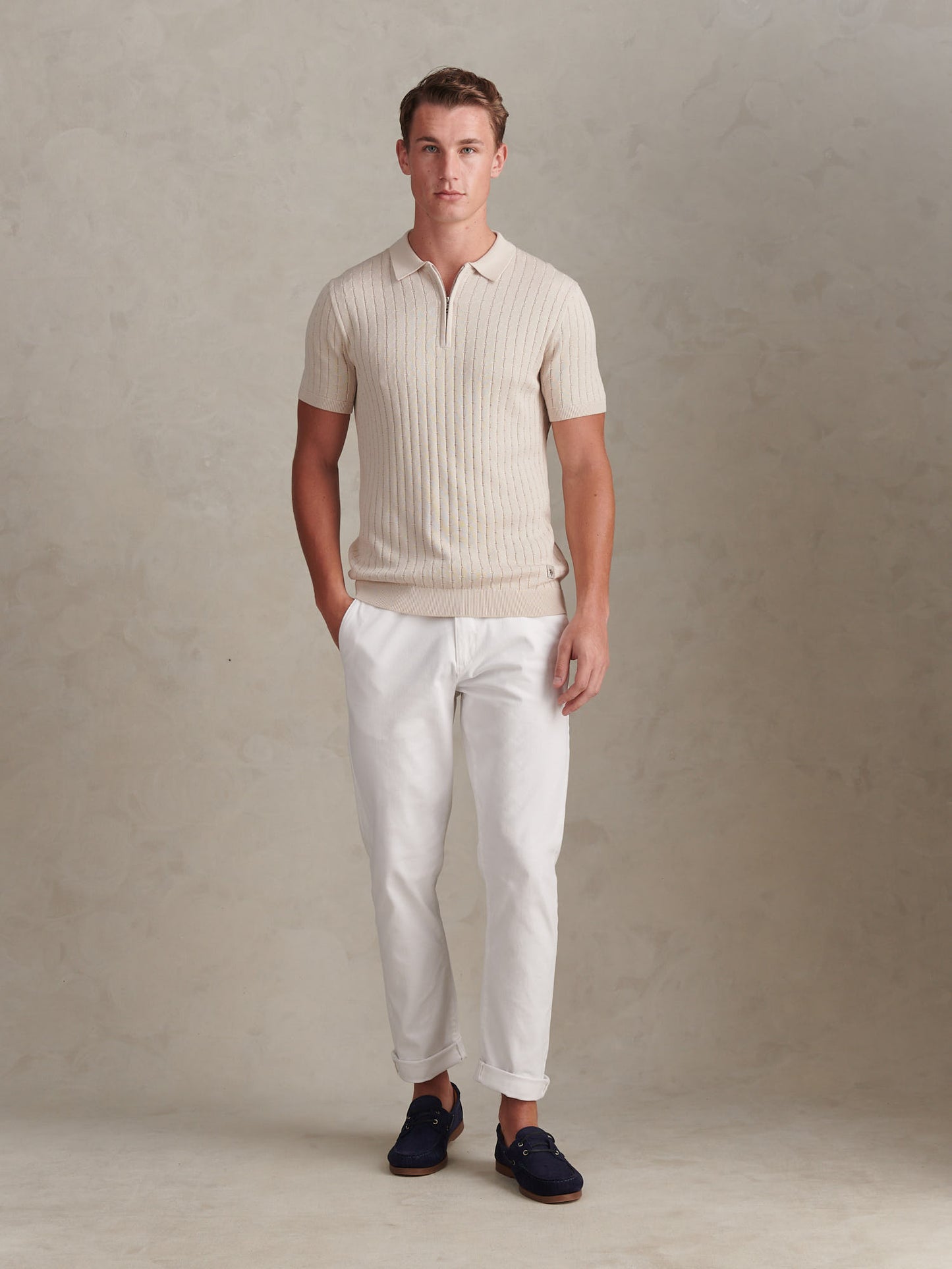 Mens Zip Knit Short Sleeve Polo Shirt Beige