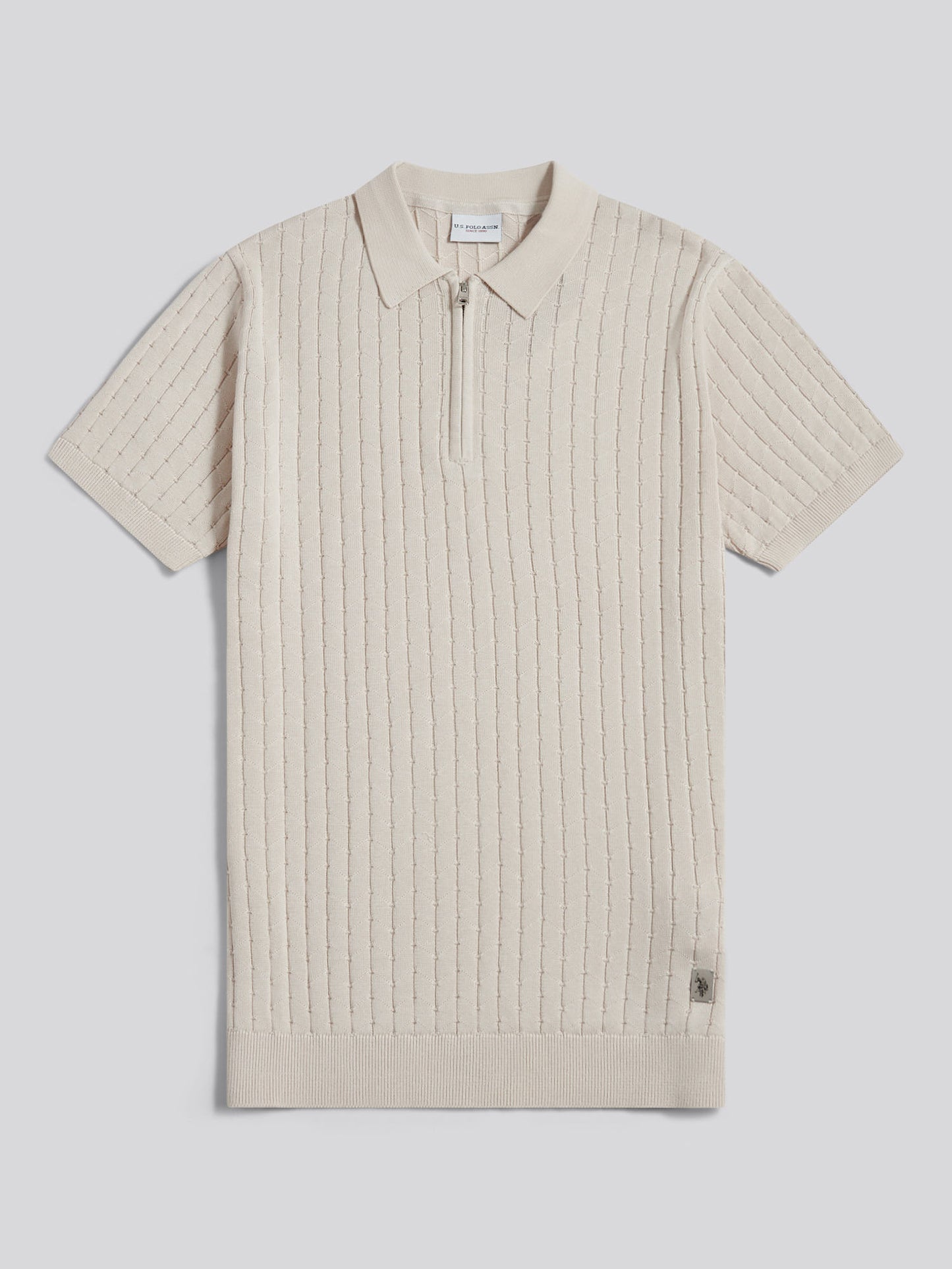 Mens Zip Knit Short Sleeve Polo Shirt Beige