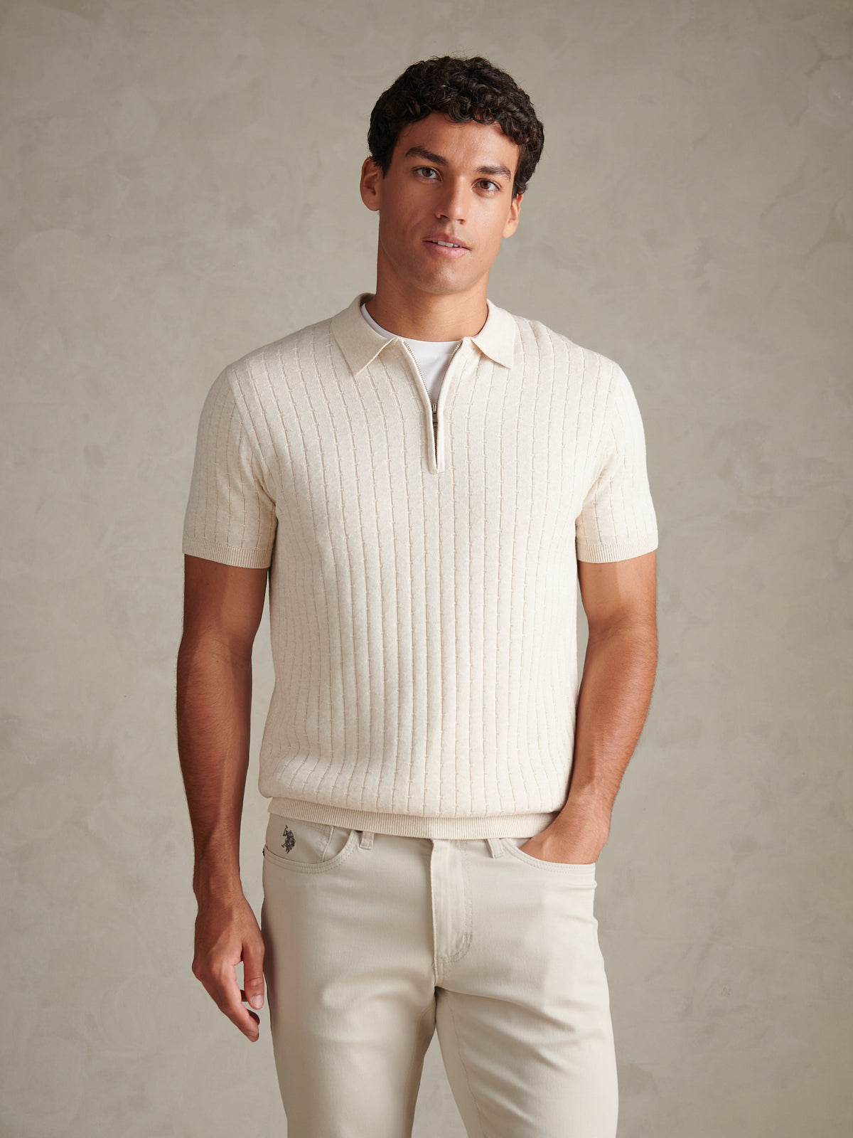 Mens Zip Knit Short Sleeve Polo Shirt Birch Marl