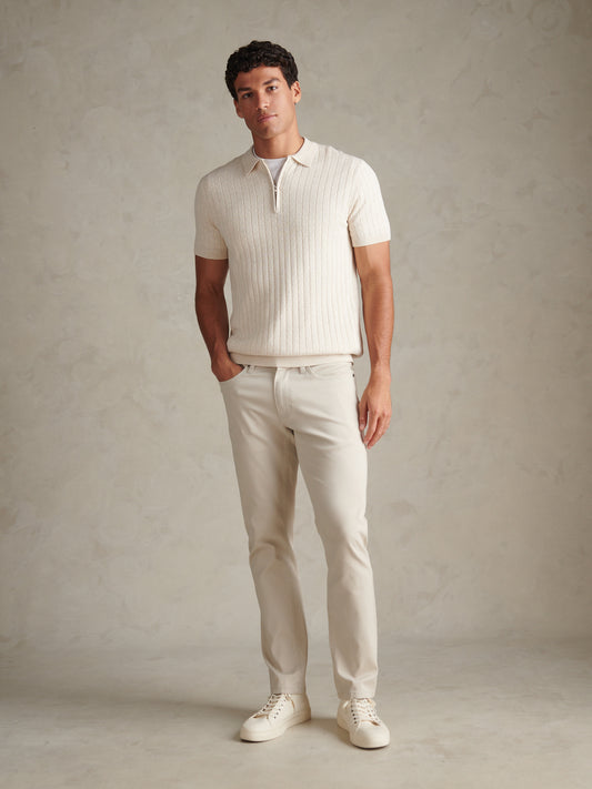 Mens Zip Knit Short Sleeve Polo Shirt Birch Marl